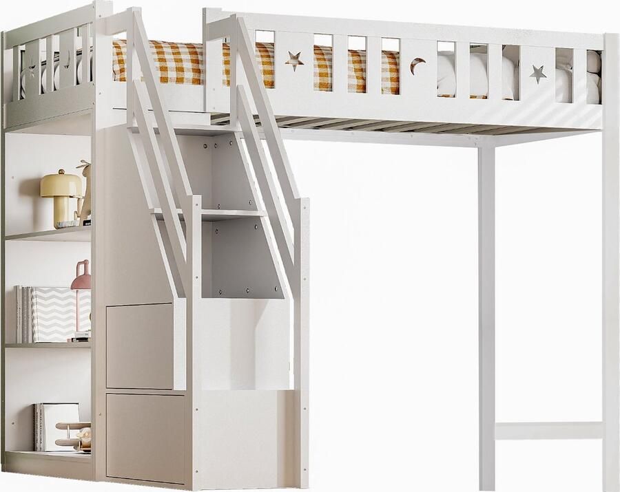 Merax Hoogslaper 90x200 cm met Planken en Trap Massief Houten Bed met Opbergruimte Kinderbed Tienerbed Wit