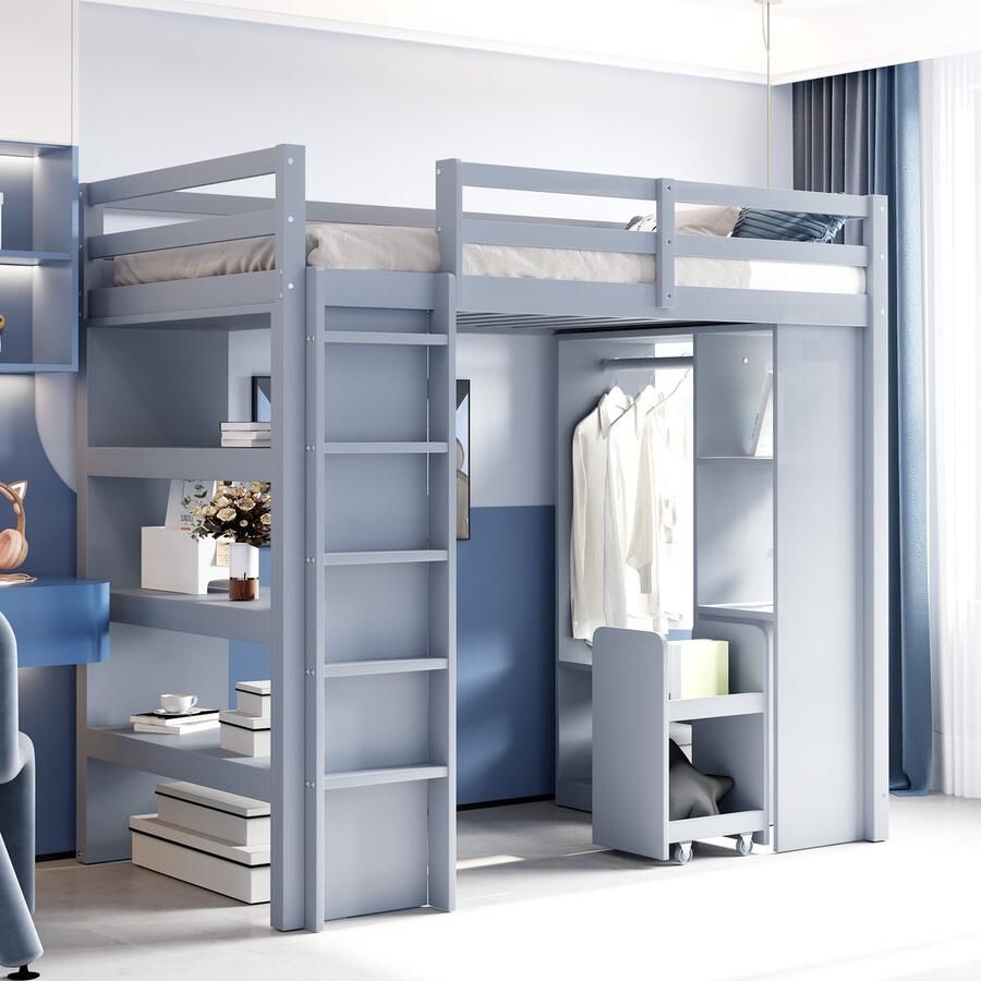 Merax Hoogslaper 90x200 cm met planken hangers en opbergvakken 1 uitneembare organizer trolley eenpersoonsbed grijs zonder matras