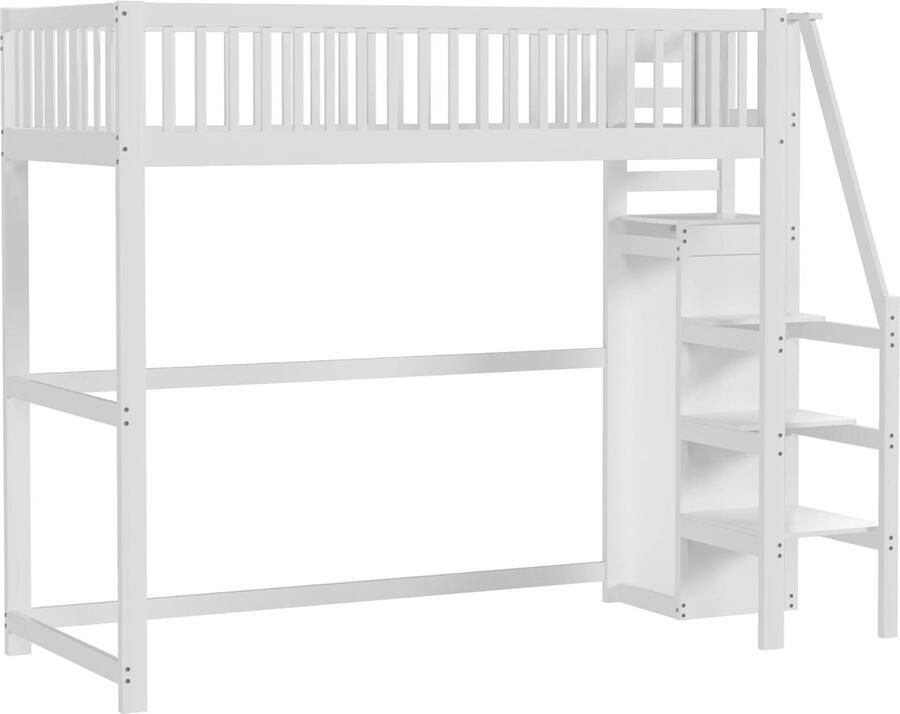 Merax Hoogslaper 90x200 cm met Trap en Opbergruimte – Kinderbed van Hout Inclusief Kast en Opbergplanken Wit