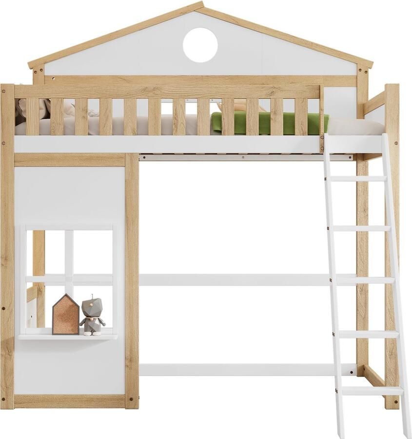 Merax Hoogslaper 90x200 cm met Uitvalbeveiliging – Huisbed met Dak en Raam Kinderbed met Trap – Massief Hout en MDF – Wit met Bruin