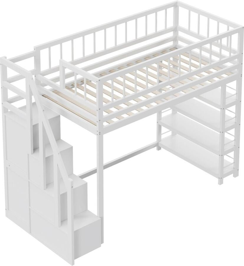 Merax Hoogslaper 90 x 200 cm – Veilig Ontwerp met Hoge Rand Inclusief Kledingkast Planken en Opbergruimte Massief Houten Multifunctioneel Bed Wit