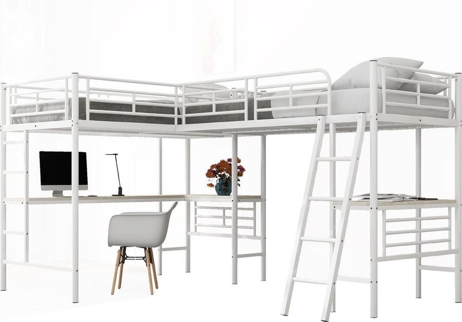 Merax Hoogslaper 90x200 cm met Uitvalbeveiliging Wit 2 Eenpersoonsbedden met 2 Bureau's en 2 Ladders