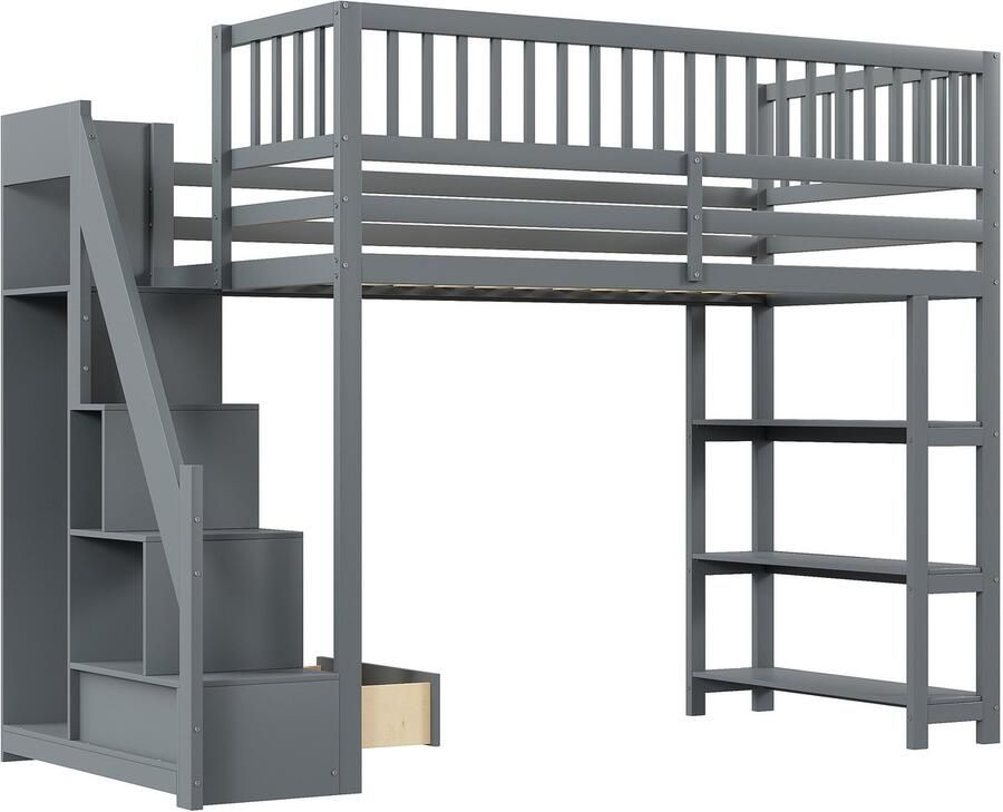 Merax Hoogslaper 90x200 cm met Veiligheidsdesign en Opbergruimte Multifunctioneel Houten Bed met Kast Planken en Veiligheidsladder Grijs