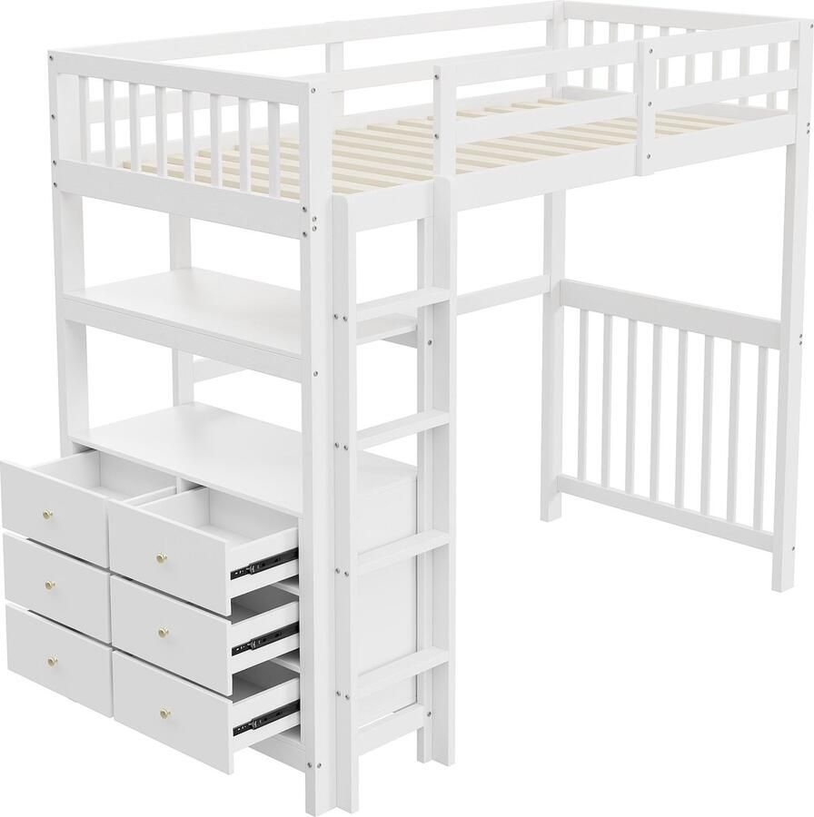 Merax Hoogslaper 90x200 cm met Verticale Ladder Opbergruimte en Houten Frame – Wit