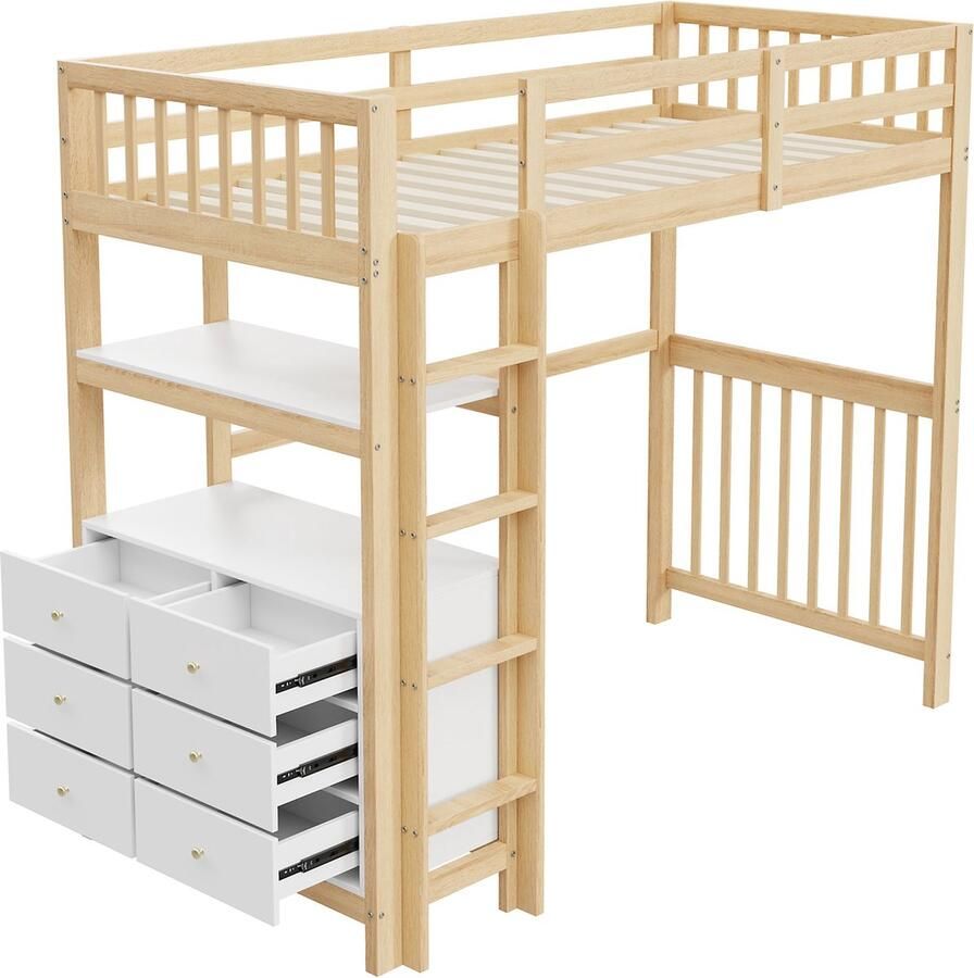 Merax Hoogslaper 90x200 cm met Verticale Ladder Schubladen en Opbergrek – Houten Kinderbed in Natuurlijke Houtkleur en Wit