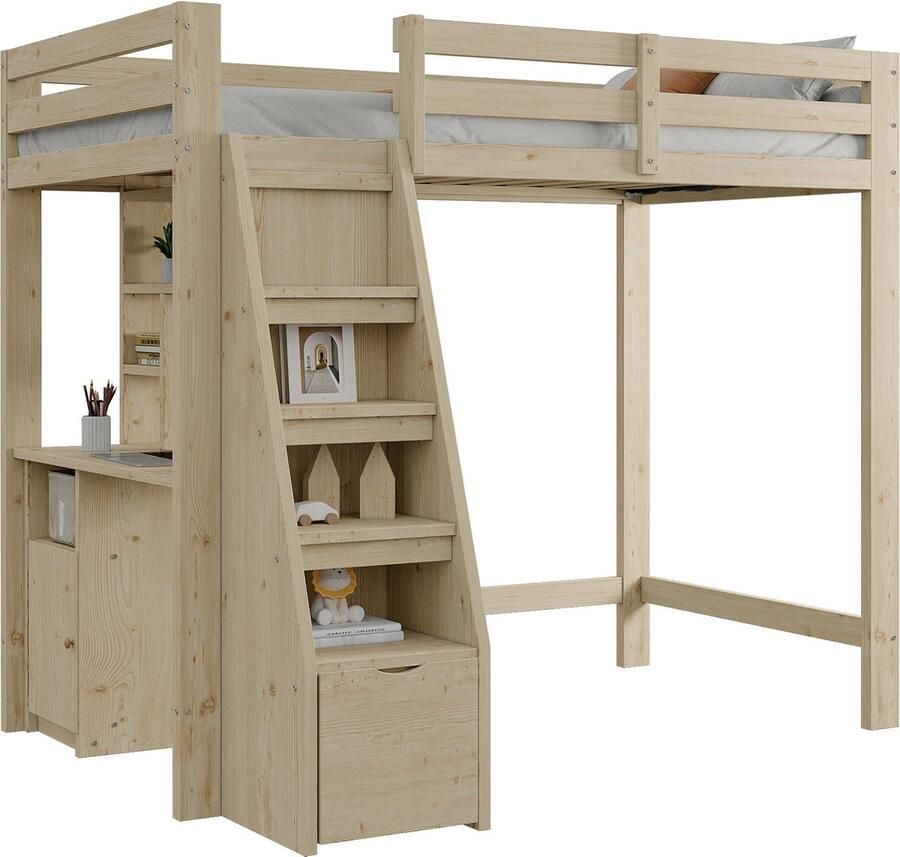 Merax Hoogslaper 90x200 cm met Werktafel Opslaglades en Veiligheidsladder Massief Houten Bed voor Kinderen en Jongeren Natuurlijke Houtkleur