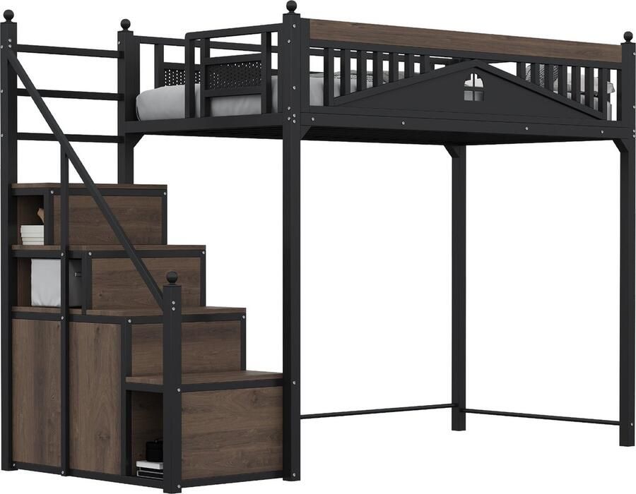 Merax Hoogslaper 90x200 cm – Metalen Bed met Houten Details Veiligheidstrap en Opbergruimte – Uniek Vensterdesign – Zwart