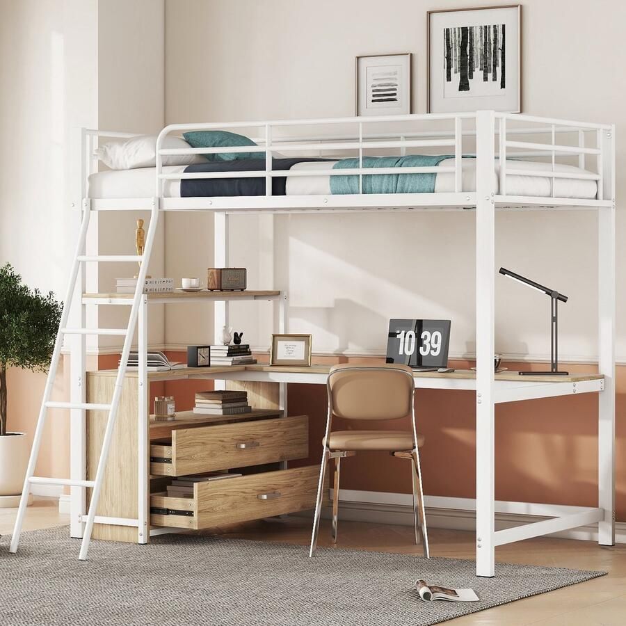 Merax Hoogslaper 90x200 cm Metalen Bed met L-vormig Bureau Praktische Lades en Opbergruimte Wit