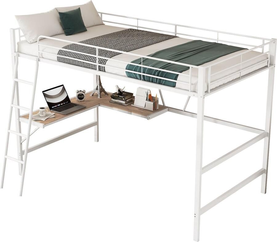 Merax Hoogslaper 90x200 cm Metaal Bedframe L-vormig Bureau en Rek voor Kinderen Tieners en Volwassenen Wit Zonder Matras