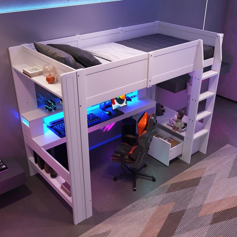 Merax Hoogslaper 90x200 cm speelbed met bureau met LED-verlichting bureau lades planken zonder matras wit