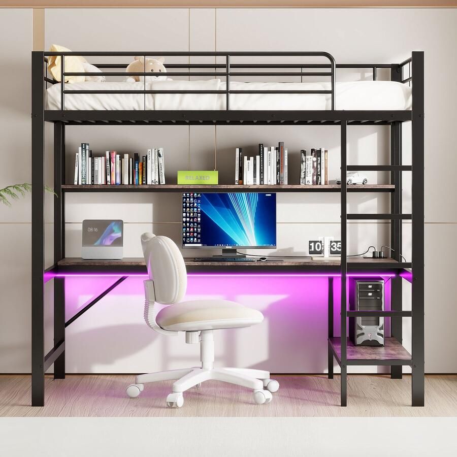 Merax Hoogslaper 90x200 cm trapladder met USB en stopcontact met LED-verlichting bureau zonder matras zwart