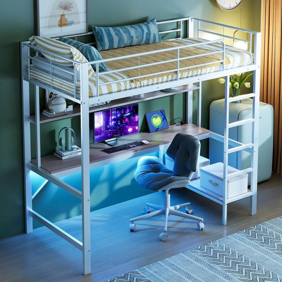 Merax Hoogslaper 90x200 cm trapladder met USB en stopcontact met LED-verlichting bureau zonder matras wit