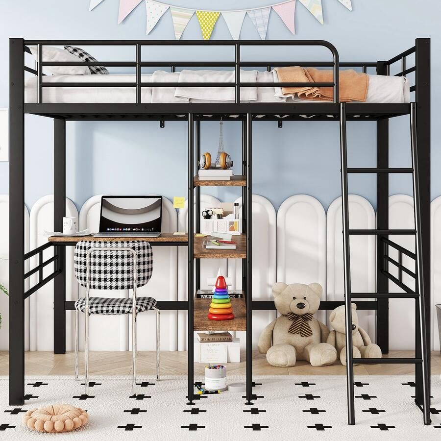 Merax Hoogslaper 90x200 cm zonder matras bed met bureau meerdere planken reling ladder zwart