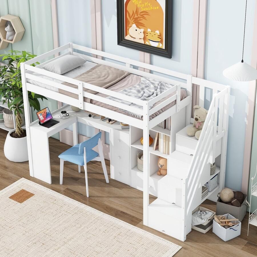 Merax Hoogslaper 90x200 cm zonder matras leuning bureau lades open kast opbergbare schuif wit