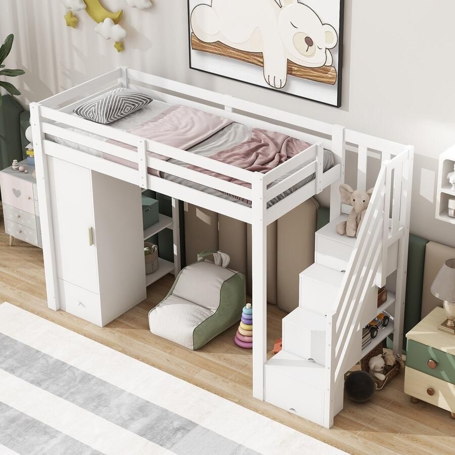 Merax Hoogslaper 90x200 cm zonder matras opbergtrap lades kledingkast meerdere planken wit