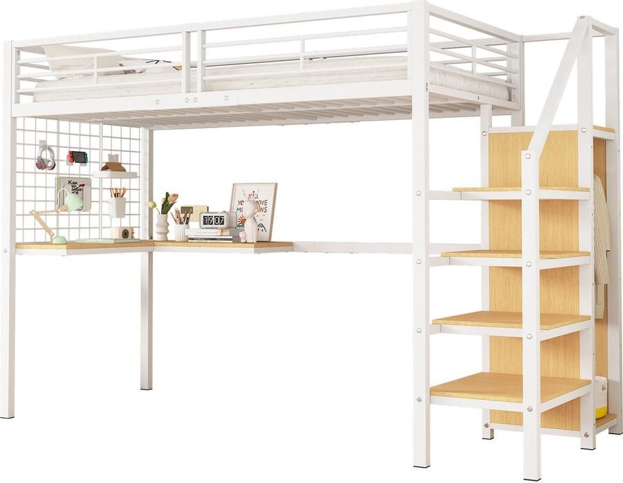 Merax Hoogslaper 90x200 Wit Naturel – Kinderbed met Bureau Kast en Trap – Metalen Bedframe en Houten Elementen – Ruimtebesparend Jeugdbed - Foto 2