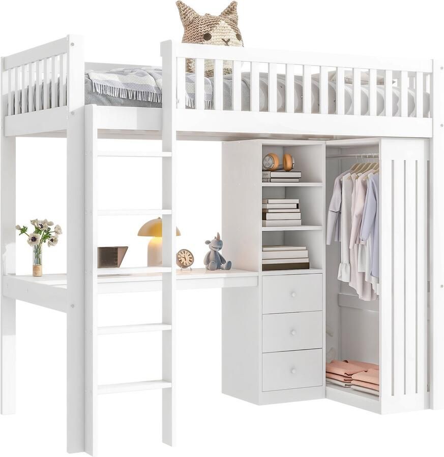 Merax Hoogslaper 90x200 met Bureau – Wit – Eenpersoonsbed met Kast en 3 Lades