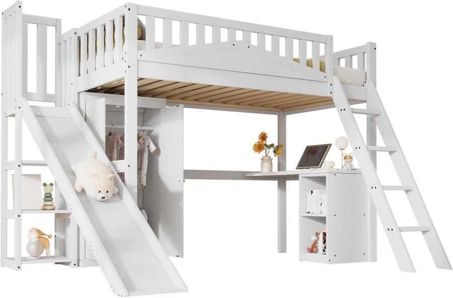 Merax Hoogslaper 90x200 met Glijbaan Eenpersoonsbed met Bureau en Kast – Wit