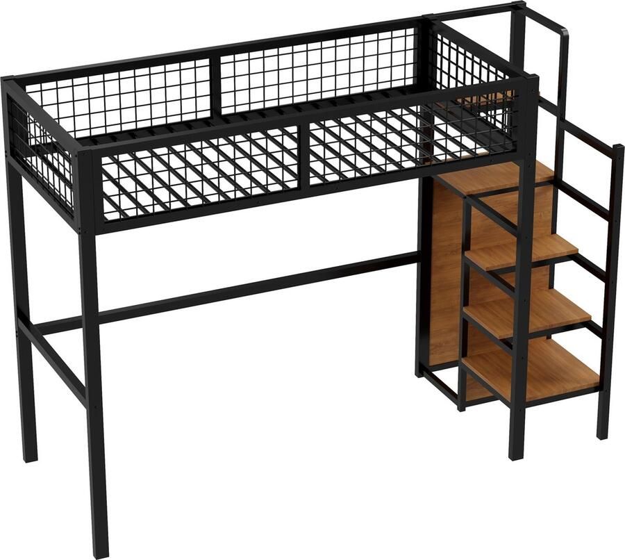 Merax Hoogslaper 90x200 met Ladder Kinderbed Zwart Met Kledingkast en Opbergrek Metalen Frame