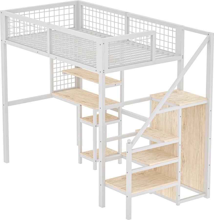 Merax Hoogslaper 90x200 met Veiligheidsladder – Kinderbed met Metalen Frame Kledingkast en Computertafel Wit