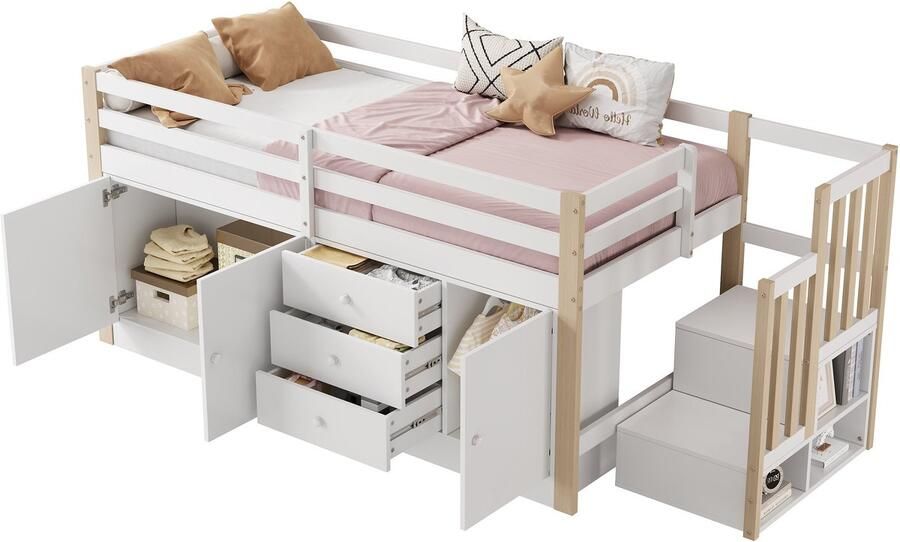 Merax Hoogslaper 90x200 – Multifunctioneel Kinderbed met Trap – Opberglades – 2 Kasten en Kledingroede – Bed met Opbergruimte – Wit – Inclusief Houten Lattenbodem