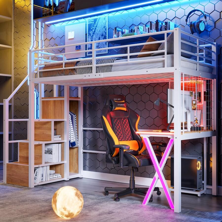 Merax Hoogslaper 90x200cm met LED-verlichting opbergladder bureau kledingkast planken zonder matras wit