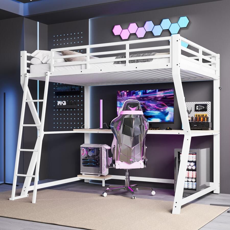 Merax Hoogslaper 90x200cm met LED-verlichting plank computerconsole bureau USB-aansluiting- zonder matras wit