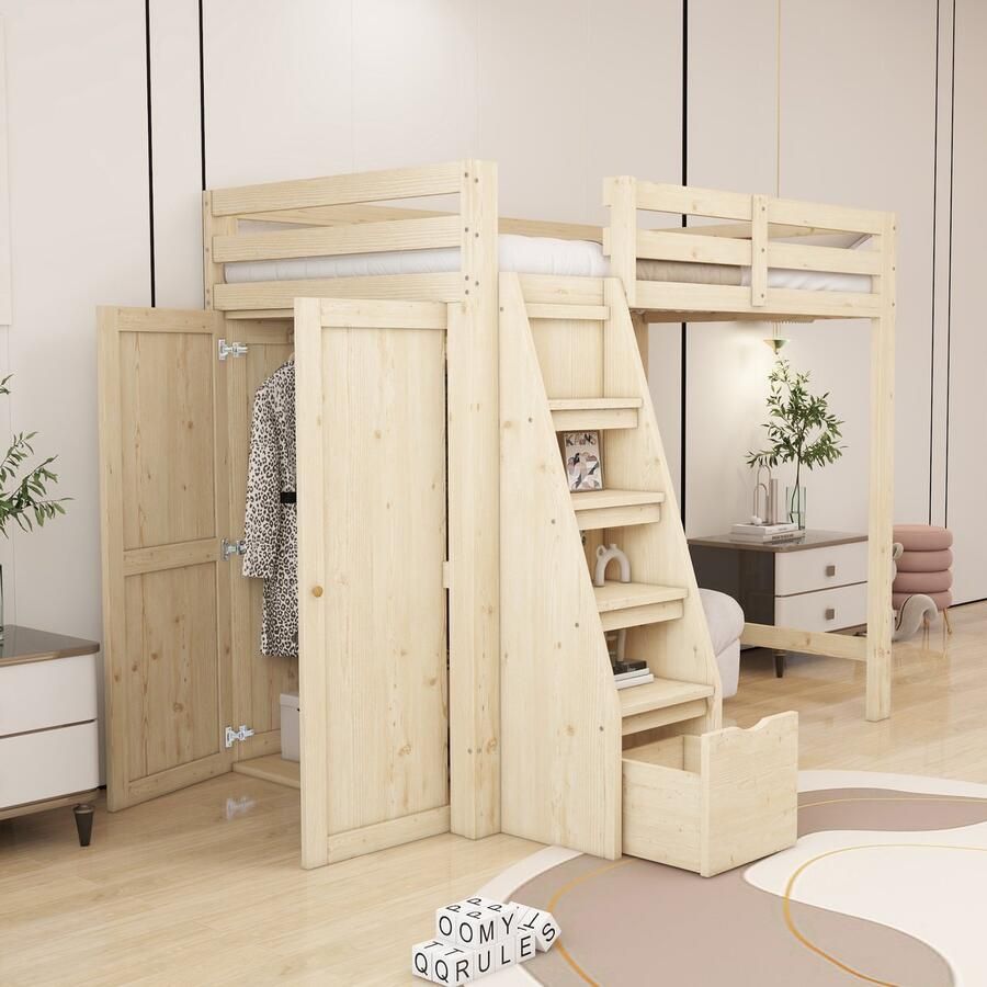 Merax Hoogslaper 90x200cm met opbergladder met kledingkast eenpersoonsbed jeugdbed massief hout logkleur zonder matras