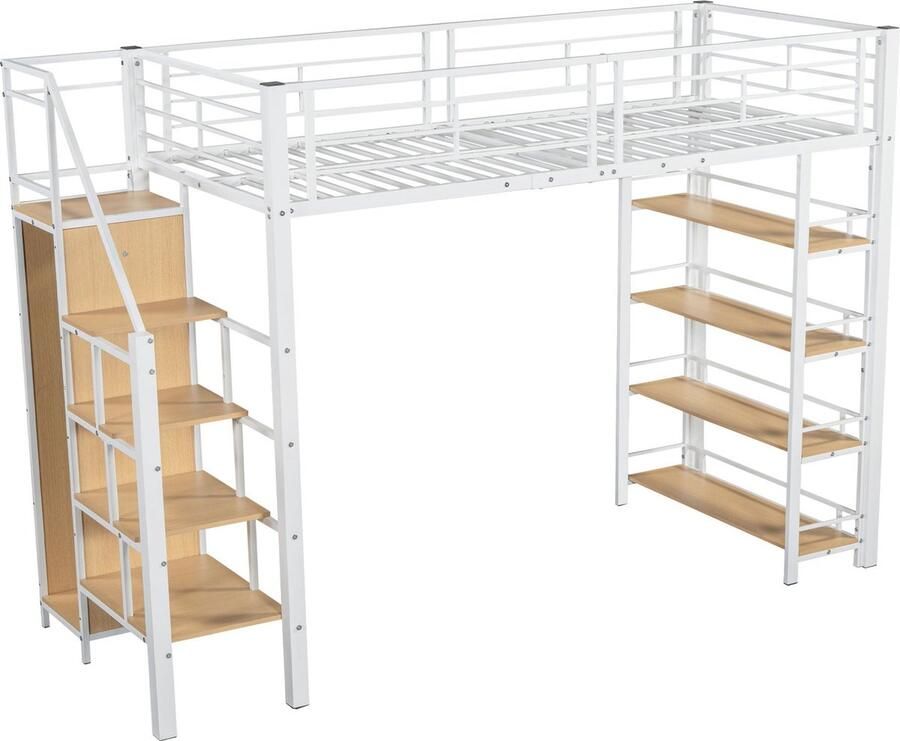 Merax Hoogslaper 90x200cm met Veiligheidstrap Opbergruimte en Kleine Kleerkast Met Inlegplanken Houten Lattenbodem Wit