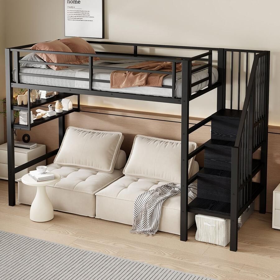 Merax Hoogslaper 90x200cm plank opbergladder vrije ruimte onder het bed voor aankleden reling geen matras zwart