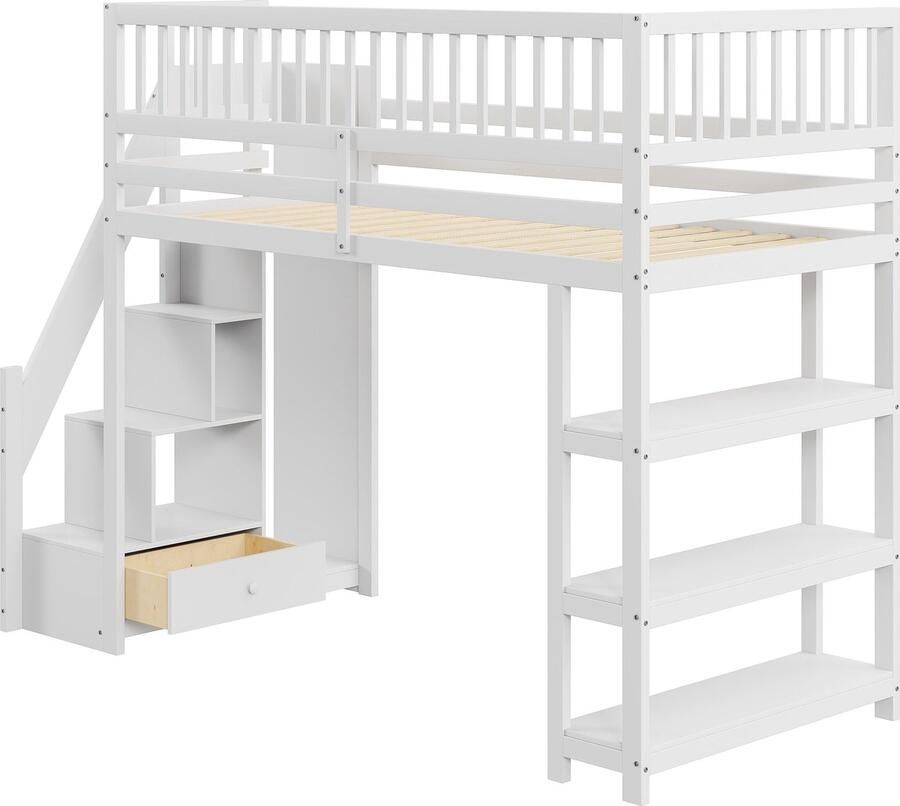 Merax Hoogslaper Eenpersoonsbed 90x200 cm met Kledingkast en Opbergruimte Houten Kinderbed met Uitvalbeveiliging en Lade Wit