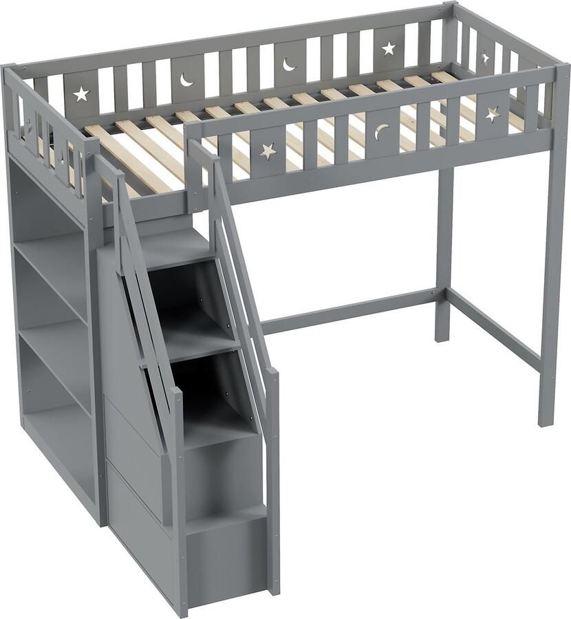 Merax Hoogslaper Eenpersoonsbed 90x200 cm met Opbergruimte in Trap en Planken Kinderbed van Massief Hout Grijs