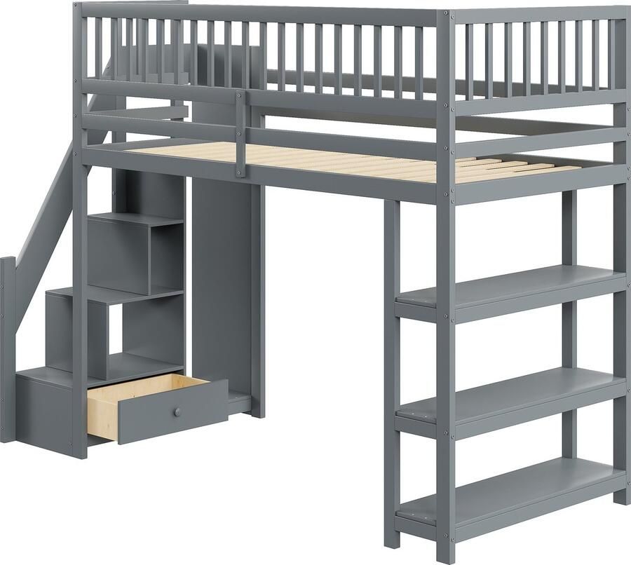 Merax Hoogslaper Eenpersoonsbed 90x200 cm met Ruime Opbergruimte Kinderbed met Kledingkast en Uitvalbeveiliging Grijs