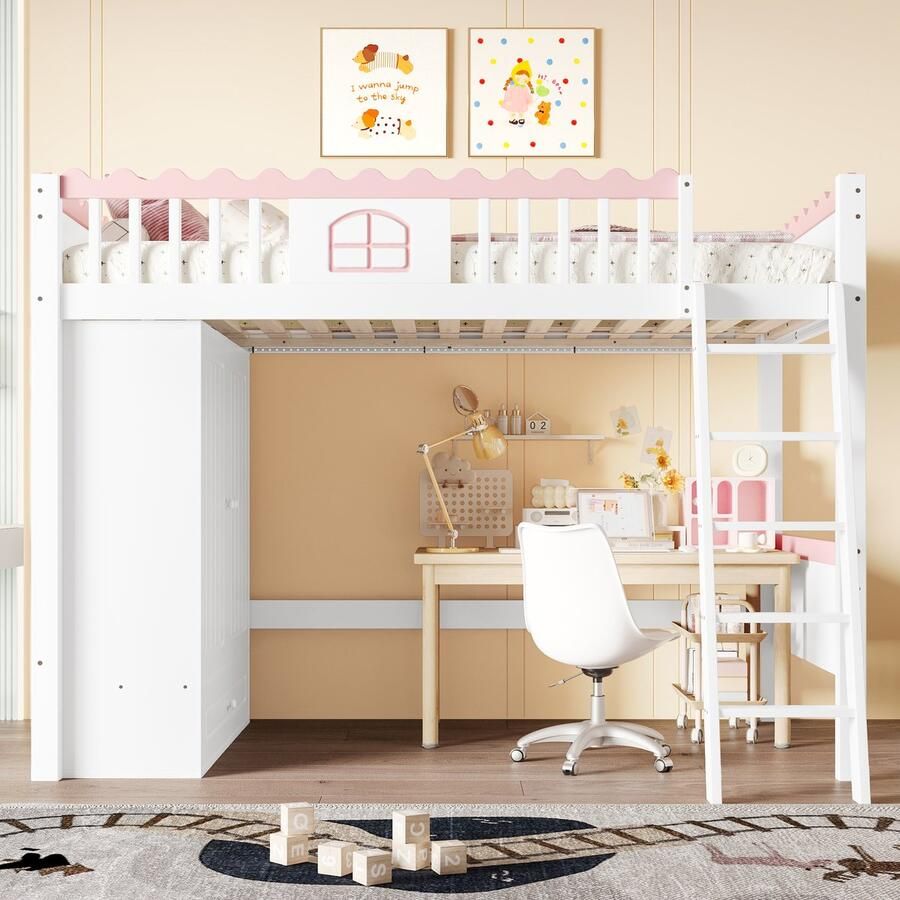 Merax Hoogslaper Eenpersoonsbed zonder matras met LED-verlichting kledingkast opberglades grenen 90x200cm wit