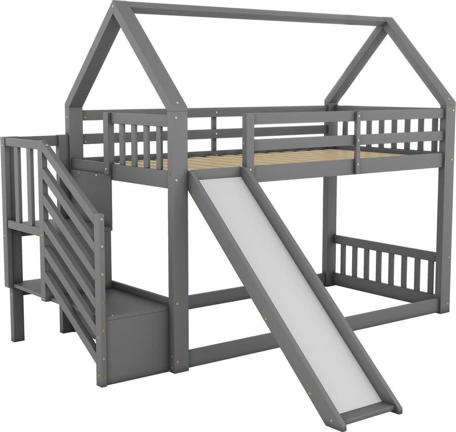 Merax Hoogslaper Huisbed met Rutsche en Opbergtreden – Kinderbed 90x200 cm Grijs