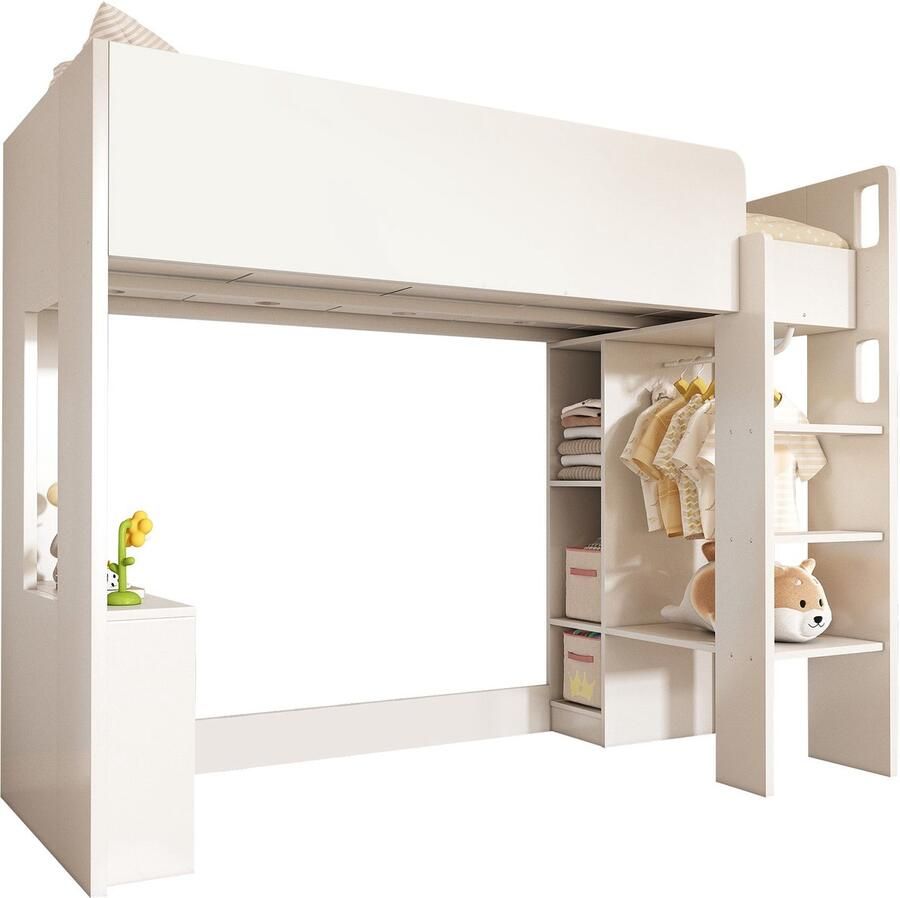 Merax Hoogslaper Kinderbed 90 x 200 cm Multifunctioneel 3-in-1 Bed met Opbergruimte Kledingkast Open Planken en Trap Wit