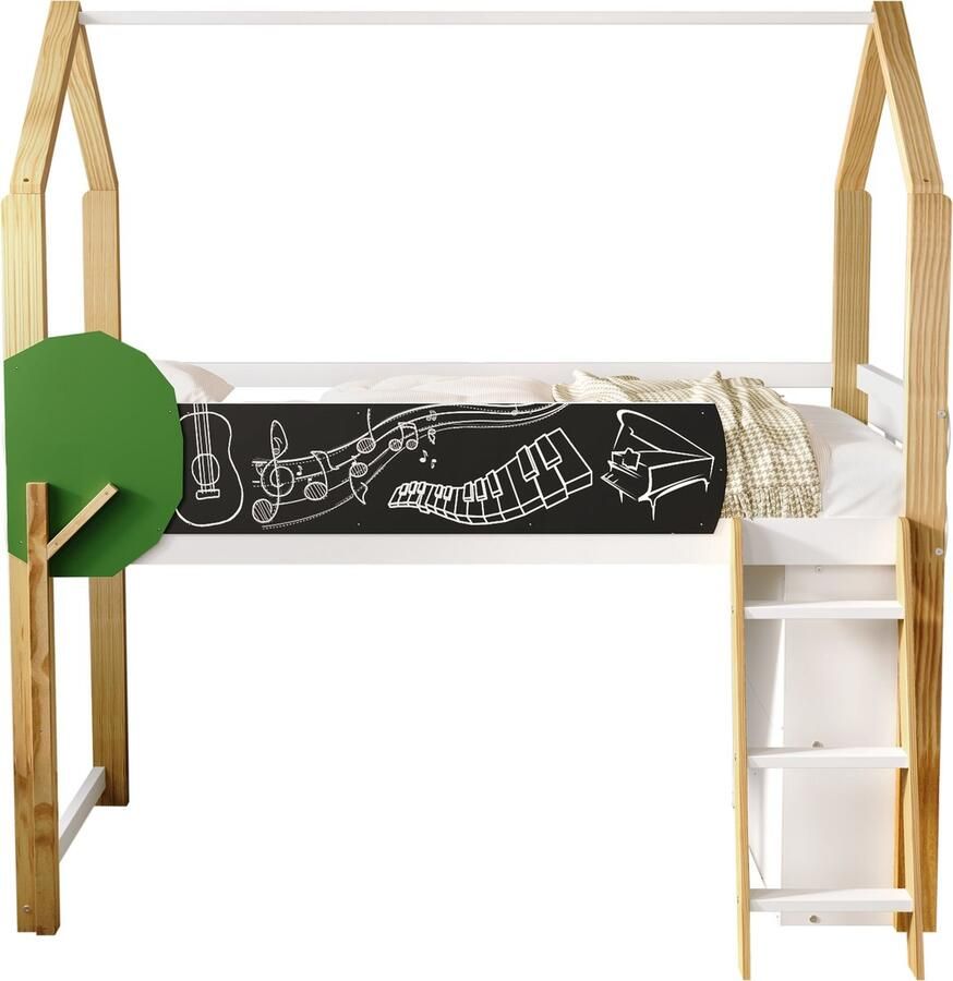 Merax Hoogslaper Kinderbed 90x200 cm Eenpersoonsbed in Boomhut Vorm met Krijtbord en Verplaatsbare Opbergkast Wit met Natuurlijk Hout Bruin