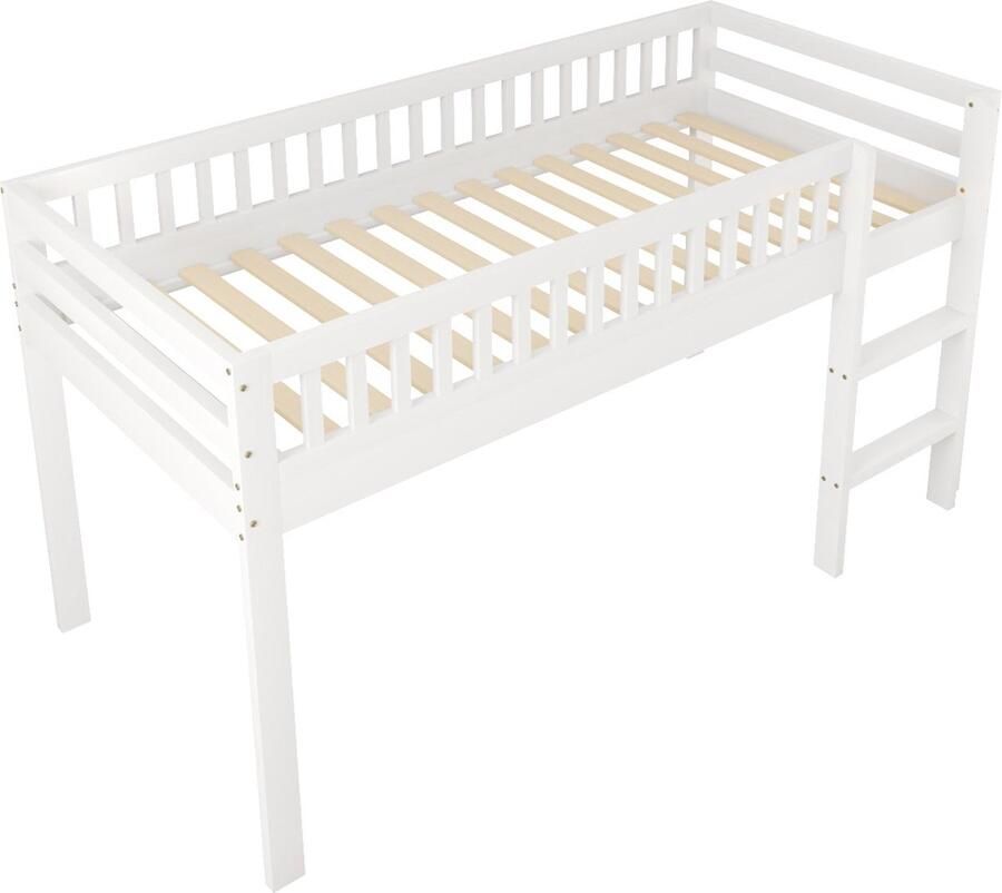 Merax Hoogslaper Kinderbed 90x200 cm Eenpersoonsbed van Massief Hout Bed met Lattenbodem en Uitvalbeveiliging Wit