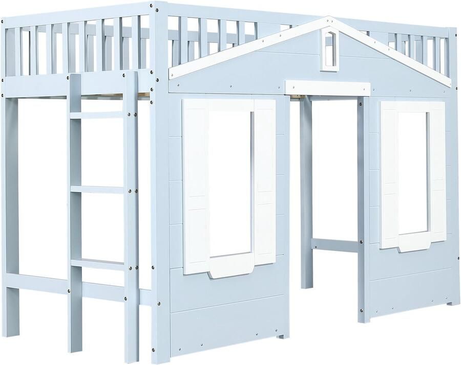 Merax Hoogslaper Kinderbed 90x200 Cm Flexibele Ruimte Onder Bed Ladder Links Rechts Schattige Raamdetails Blauw