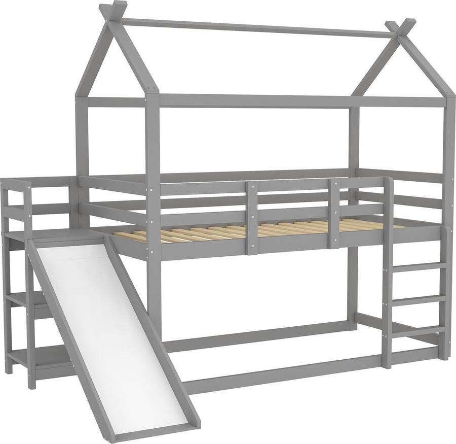 Merax Hoogslaper Kinderbed 90x200 cm Laag Stapelbed met Glijbaan en Opbergruimte Massief Houten Bed in Huisvorm Grijs