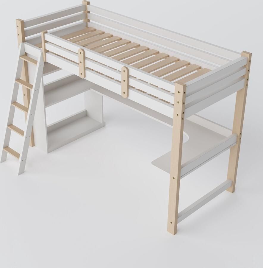 Merax Hoogslaper voor Kinderen 90x200 cm Multifunctioneel Bed met Beschermrails Ingebouwd Bureau Massief Houten Frame Wit met Bruin