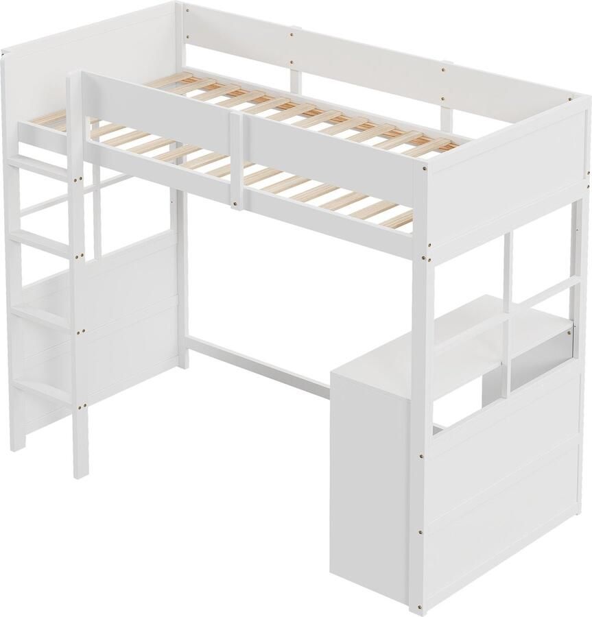 Merax Hoogslaper Kinderbed 90x200 cm met Bureau Bed met Ladder en Tafel Eenpersoonsbed Wit