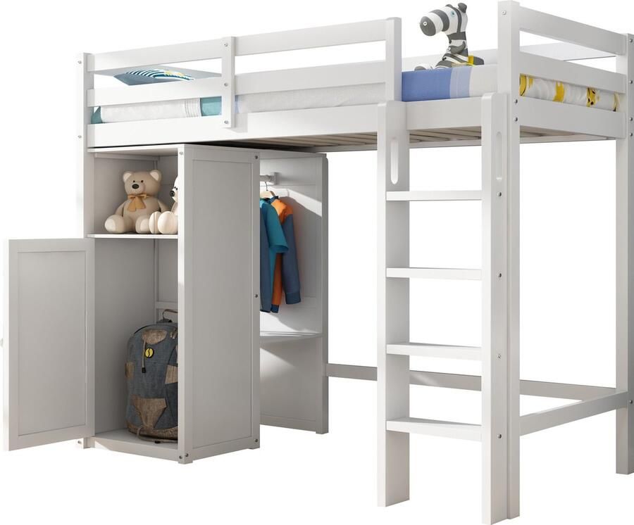 Merax Hoogslaper Kinderbed 90x200 cm met Kast en Planken Eenpersoonsbed met Uitvalbeveiliging en Opbergruimte Wit