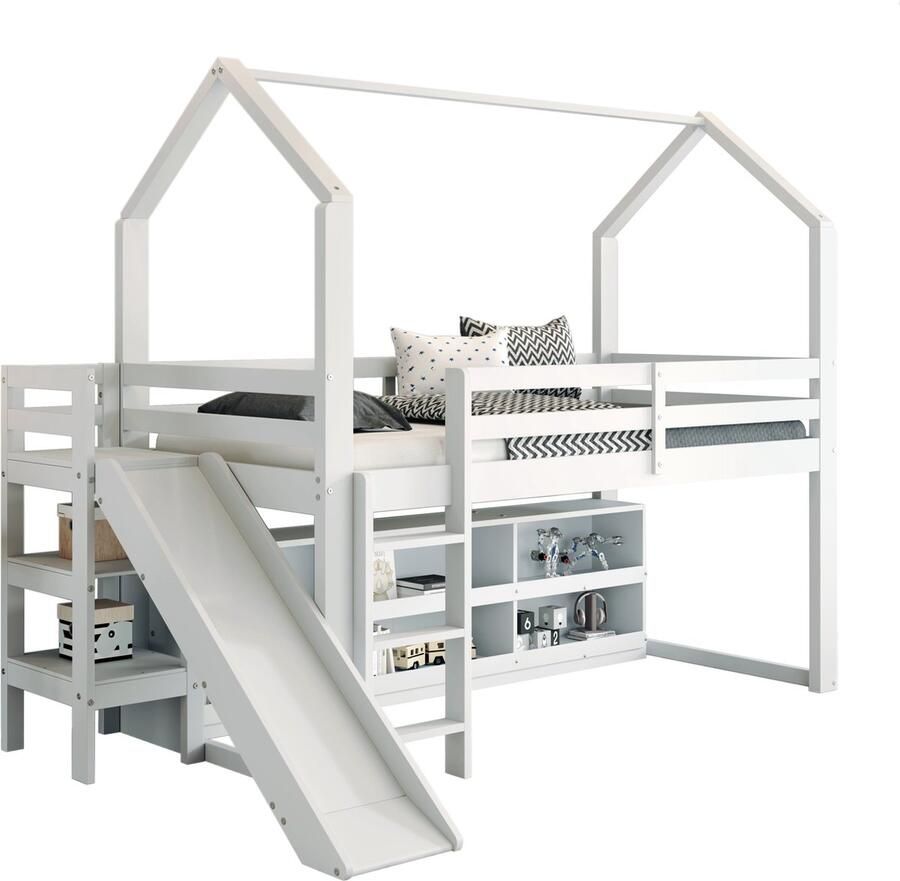 Merax Hoogslaper Kinderbed 90x200 cm Multifunctioneel Bed met Glijbaan en Opbergruimte Wit