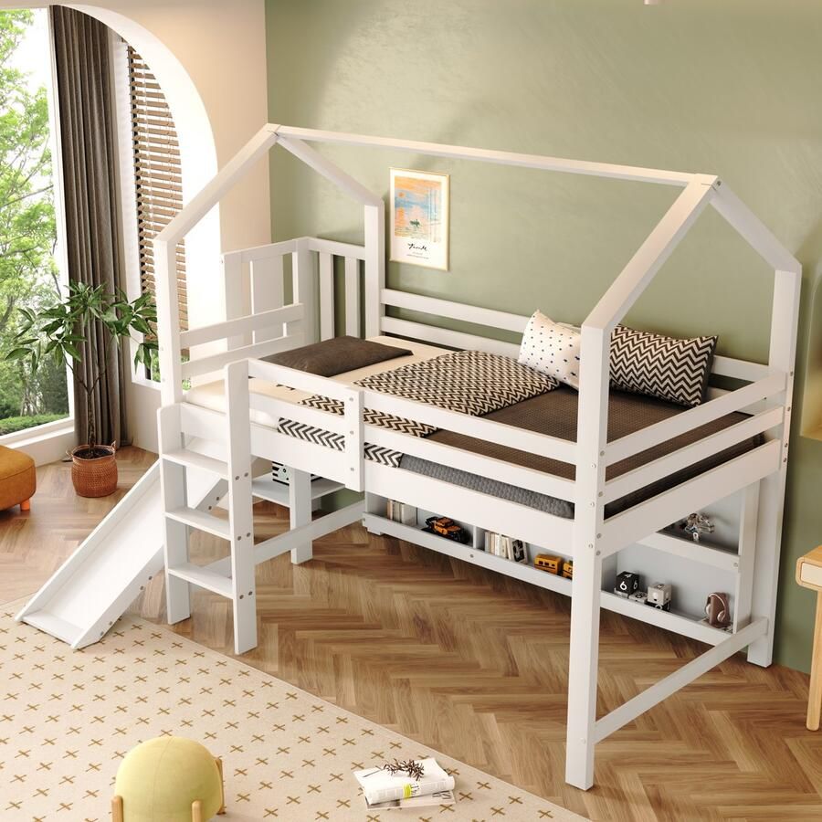 Merax Hoogslaper Kinderbed eenpersoonsbed 90x200 cm met glijbaan trap kluisje en plank zonder matras wit