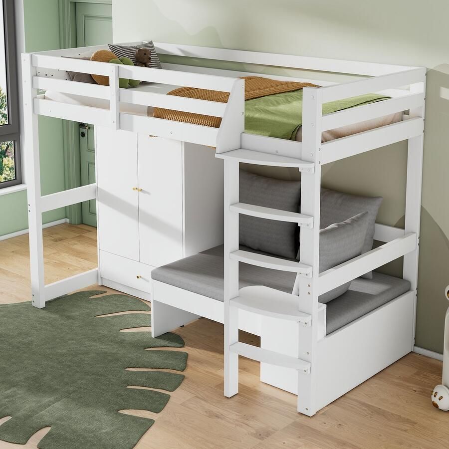 Merax Hoogslaper kinderbed met kledingkast bank met opbergruimte drie kussens met plank zonder matras wit 90 x 200 cm