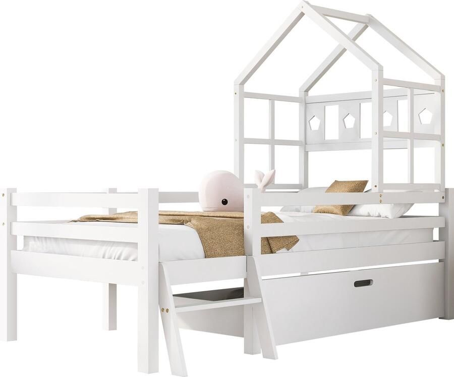 Merax Hoogslaper Kinderbed met Ladder en Laden Massief Kierenhout Wit 90x200 cm Inclusief Lattenbodem en Veiligheidshek - Foto 5