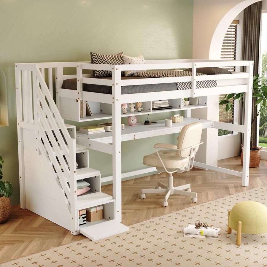 Merax Hoogslaper kinderbed met opbergtrap 90x200 cm stapelbed met groot bureau en plank wit zonder matras