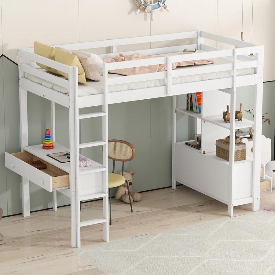 Merax Hoogslaper kinderhoogslaper 90 x 200 cm met opberglades en bureau onder het bed zonder matras wit