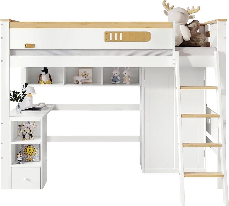 Merax Hoogslaper met Bureau 90x200 cm Eenpersoonsbed met Kledingkast en Open Opbergvakken Kinderbed met Uitvalbeveiliging en Ladder Wit met Natuurlijk Hout Bruin